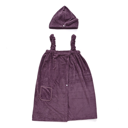 LIVMORE 2er-Set Plüsch-Badehandtuchkleid mit Trägern 140x82cm, Tasche und Haarturban, 260gsm 100% Polyester, Lila