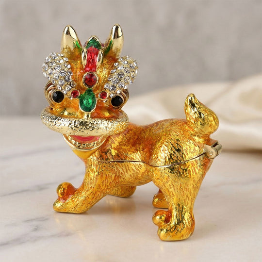Löwen Schmuckschatulle mit Kristallbesatz, Metall, 12 x 7 cm, Goldfarben