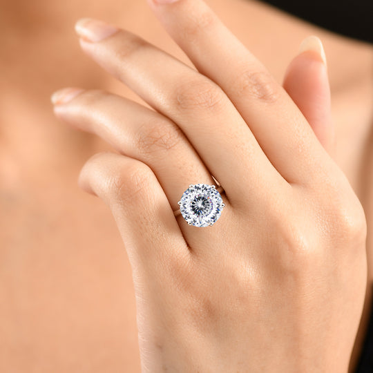 D'Joy 161 Facettiert Moissanit (Rund 12mm) Ring 925 Silber rhodiniert (Größe 18.00) ca. 6.75 ct