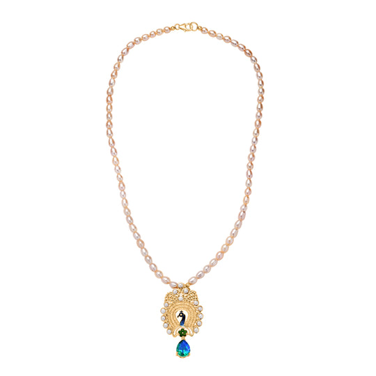 D'Joy Pfau Quarz Triplette, Pfirsich Perle (4-4.5mm) Halskette ca. 45 cm 925 Silber 750 Gelbgold Vermeil