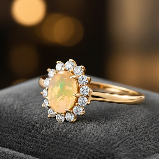 D'Joy Natürlicher, äthiopischer Welo Opal, Moissanit Ring 925 Silber Vergoldet (Größe 18.00) ca. 1.28 ct