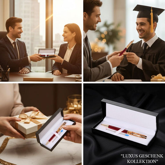 2er Set Kugelschreiber mit Ersatzmine, transparentes Design mit Goldfolien Detail, Rot