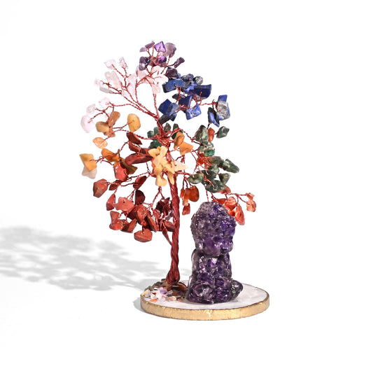 Livmore 150 Beads Gemstone Tree With Agate Base Owl Gemstone chips resin Figurine Size Tree Base - 8.5X7 Cm Size Tree- 20 Cms Figurine Size-3.5X5 Cm
