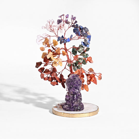Livmore 150 Beads Gemstone Tree With Agate Base Owl Gemstone chips resin Figurine Size Tree Base - 8.5X7 Cm Size Tree- 20 Cms Figurine Size-3.5X5 Cm