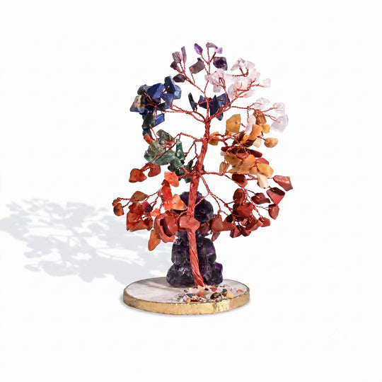 Livmore 150 Beads Gemstone Tree With Agate Base Owl Gemstone chips resin Figurine Size Tree Base - 8.5X7 Cm Size Tree- 20 Cms Figurine Size-3.5X5 Cm