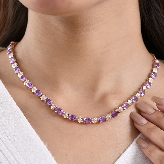 GP - AAA Rose De France Amethyst, Weißer Zirkon Halskette ca. 45 cm 925 Silber 750 Roségold Vermeil ca. 15,61 ct.