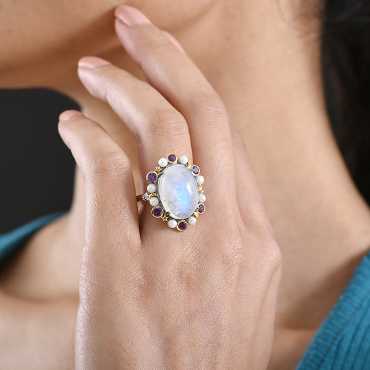 GP - Regenbogen Mondstein, Süßwasser Perle (3mm) Ring 925 Silber Rhodiniert und 750 Gelbgold Vermeil (Größe 20.00) ca 14.83 crt 14.82 ct
