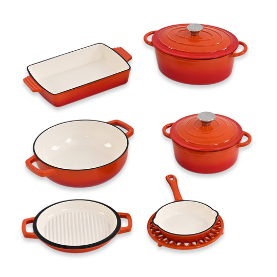 6-teiliges Gourmet-Kochgeschirr-Set aus massivem Gusseisen: Topf 20 cm, Dual-Topf 26 cm, ovaler Bräter 28 x 22 cm, Bräter 30 x 21 cm, Pfanne 16 cm und Untersetzer, Blau