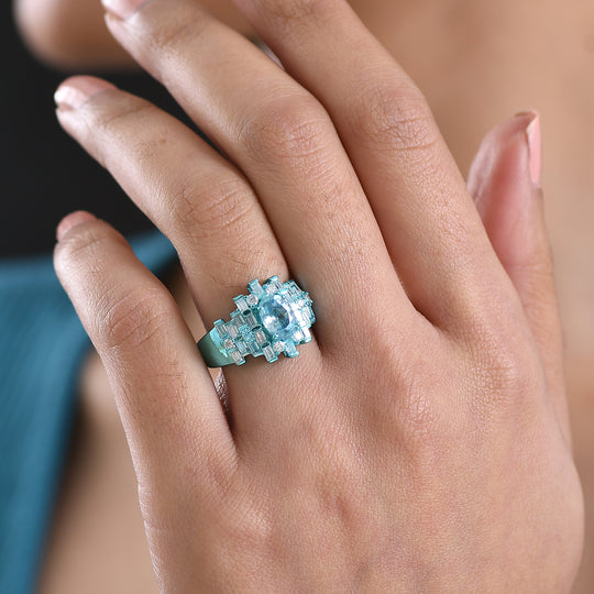 D'Joy AA Blauer Zirkon, Moissanit Ring 925 Silber Ion-Blau-Plattierung (Größe 19.00) ca. 3,12 ct