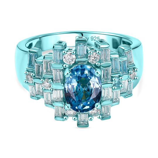 D'Joy AA Blauer Zirkon, Moissanit Ring 925 Silber Ion-Blau-Plattierung (Größe 19.00) ca. 3,12 ct