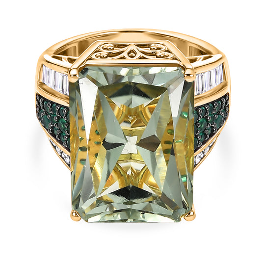 D'Joy Prasiolith, Moissanit Ring 925 Silber 750 Gelbgold Vermeil (Größe 17.00) ca. 16,83 ct