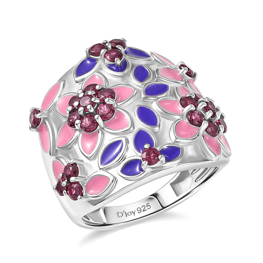 D'Joy - Majestätische Blüten AA Natürlicher Rhodolith Granat Ring 925 Silber rhodiniert (Größe 18.00) ca. 1.66 ct