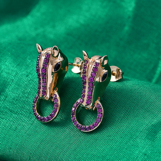 GP - Schwarzer Spinell, Natürlicher Rhodolith Granat Ohrringe 925 Silber 750 Gelbgold Vermeil ca. 1,39 ct.