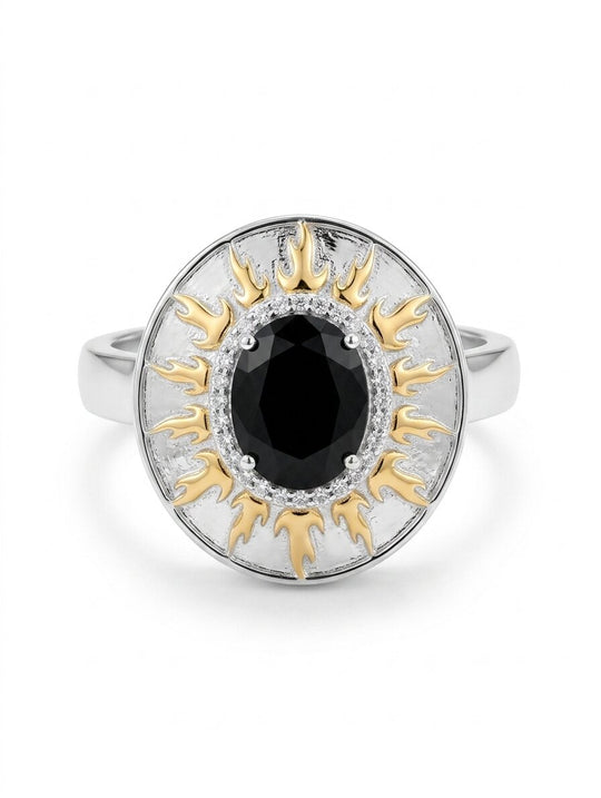 EVER TRUE AA Natürlich Schwarzer Obsidian, Weißer Zirkon Ring Nickelfreies Messing (Größe 21.00) ca. 2.39 ct