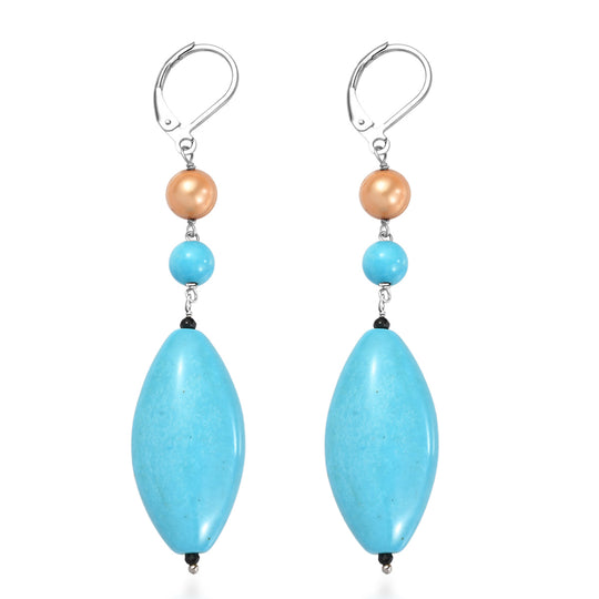 EVER TRUE Gefärbter blauer Magnesit, Goldfarbene gefärbte Perle (6-6.5 mm) Ohrringe 316L Edelstahl platiniert