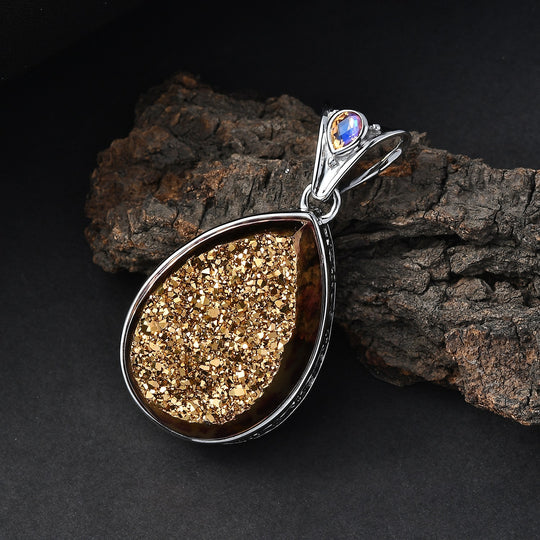 Sajen Silber-Fenster Drusy Astral Leopard Gold, Regenbogen Champagner mystischer Quartz Anhänger 925 Silber rhodiniert ca. 45.70 ct