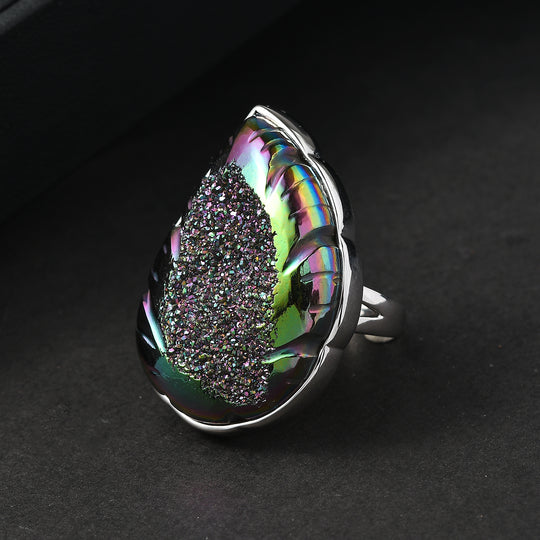 Sajen Silber-Fenster Drusy Wald Ring 925 Silber rhodiniert (Größe 18.00) ca. 44.00 ct