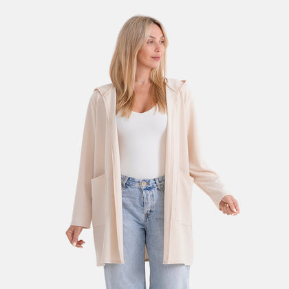 LA MAREY Langstrick-Cardigan mit Kapuze und Taschen, 59 cm Brustweite, 82 cm Länge, bis zu Große XL - Einheitsgröße, Grün