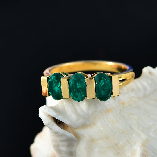 D'Joy Smaragd-Quarz Triplette Ring 925 Silber 750 Gelb Vergoldet (Größe 17.00) ca. 1,69 ct