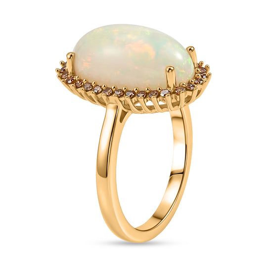 LUXURIANT - AAA Natürlicher, äthiopischer Welo Opal, Lab Grown Roter Diamant Ring 925 Silber 750 Gelbgold Vermeil (Größe 21.00) ca. 3.77 ct