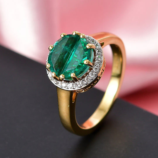 D'Joy - Strahlendes Spotlight Smaragd-Quarz Triplette, Weißer Zirkon Ring 925 Silber 750 Gelbgold Vermeil (Größe 21.00) ca. 2.04 ct