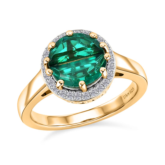 D'Joy - Strahlendes Spotlight Smaragd-Quarz Triplette, Weißer Zirkon Ring 925 Silber 750 Gelbgold Vermeil (Größe 21.00) ca. 2.04 ct