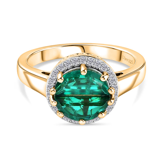 D'Joy - Strahlendes Spotlight Smaragd-Quarz Triplette, Weißer Zirkon Ring 925 Silber 750 Gelbgold Vermeil (Größe 21.00) ca. 2.04 ct