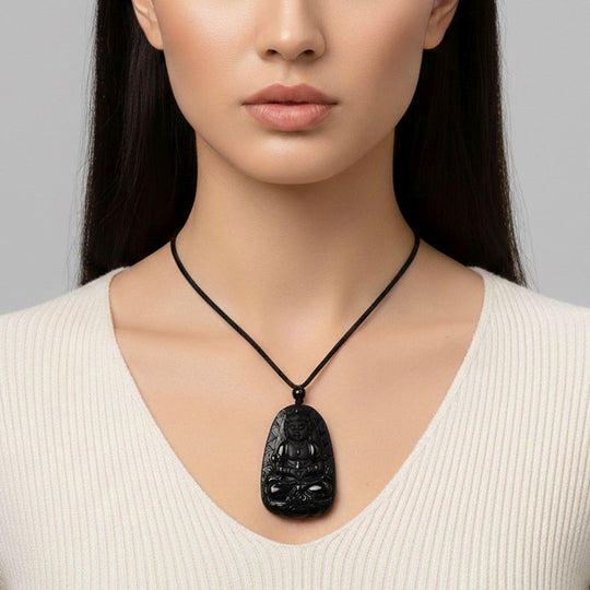 Majestätischer Wächter - Schwarzer Jadeit- Guanyin, Halskette Flexibles cm ca. 95.00 ct