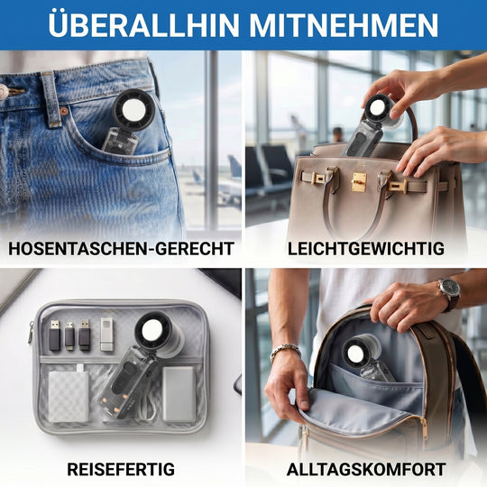 LIVMORE handlicher faltbarer Mini-Ventilator, LED-Licht, 1800mAh Akku, Schwarz