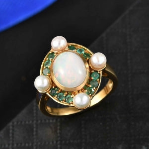D'Joy Natürlicher, äthiopischer Welo Opal, Perle (4 mm) Ring 925 Silber 750 Gelbgold Vermeil (Größe 19.00)