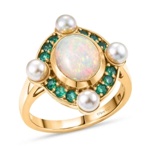 D'Joy Natürlicher, äthiopischer Welo Opal, Perle (4 mm) Ring 925 Silber 750 Gelbgold Vermeil (Größe 19.00)
