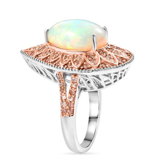 D'Joy AAA Natürlicher, äthiopischer Welo Opal, Rosa Diamant Ring 925 Silber Rhodiniert (Größe 18.00) ca. 4,39 ct