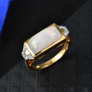 D'Joy Natürlicher, äthiopischer Welo Opal, Weißer Zirkon Ring 925 Silber 750 Gelbgold Vermeil (Größe 19.00) ca. 3,20 ct