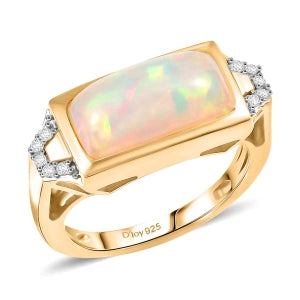 D'Joy Natürlicher, äthiopischer Welo Opal, Weißer Zirkon Ring 925 Silber 750 Gelbgold Vermeil (Größe 19.00) ca. 3,20 ct