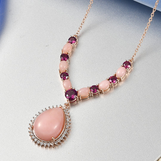 D'Joy AA Rosa Opal, Natürlicher Rhodolith Granat Halskette ca. 45 cm 925 Silber 750 Roségold Vermeil ca. 15,23 ct.