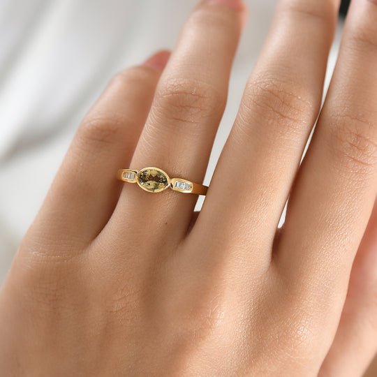 D'Joy AA Natürlicher goldener Tansanit, Weißer Diamant Ring 925 Silber 750 Gelbgold Vermeil (Größe 21.00) ca. 0,50 ct
