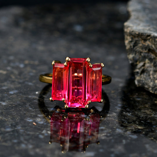 D'Joy Dreifacher Horizont Sunset Quarz Triplette Ring 925 Silber 750 Gelb Vergoldet (Größe 21.00) ca. 5.03 ct