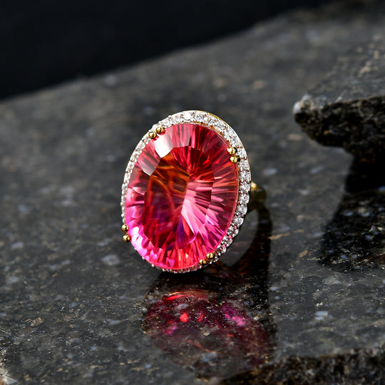 D'Joy Sunset Quarz Triplette, Weißer Zirkon Ring 925 Silber 750 Gelbgold Vermeil (Größe 17.00) ca. 29,48 ct