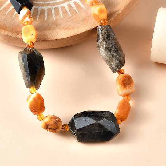 EVER TRUE Strahlen Quarz, Bernstein Halskette ca. 45 cm Nickelfreies Messing 750 Vergoldet ca. 288.00 ct
