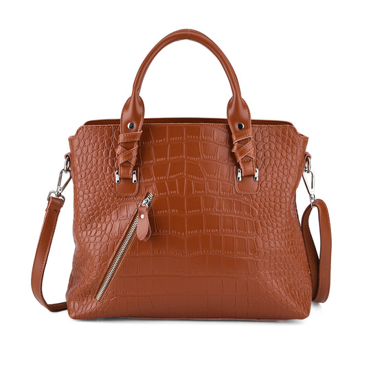 Leder-Handtasche mit Kroko-Prägung und Schulterriemen, 34 x 10 x 30 cm, Bordeauxrot