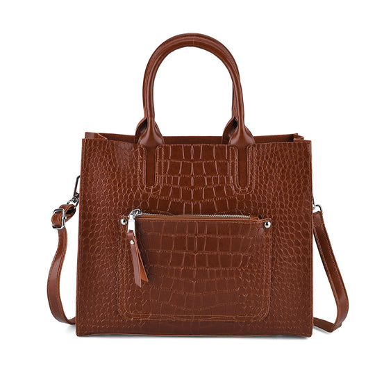 Henkeltasche aus Echtleder mit Krokoprägung, Schulterriemen und Reißverschlussfach, 33x12x28cm, Burgunderrot