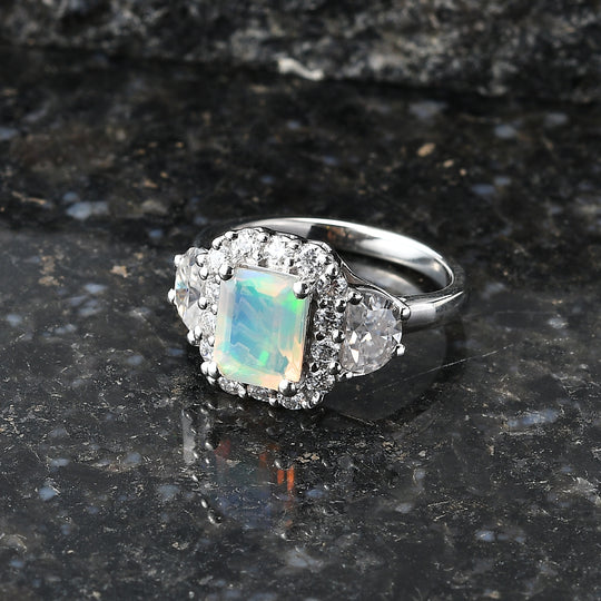 D'Joy AA Natürlicher, äthiopischer Welo Opal, Moissanit Ring 925 Silber Rhodiniert (Größe 17.00) (10-16 Werktage Lieferzeit) ca. 2,16 ct