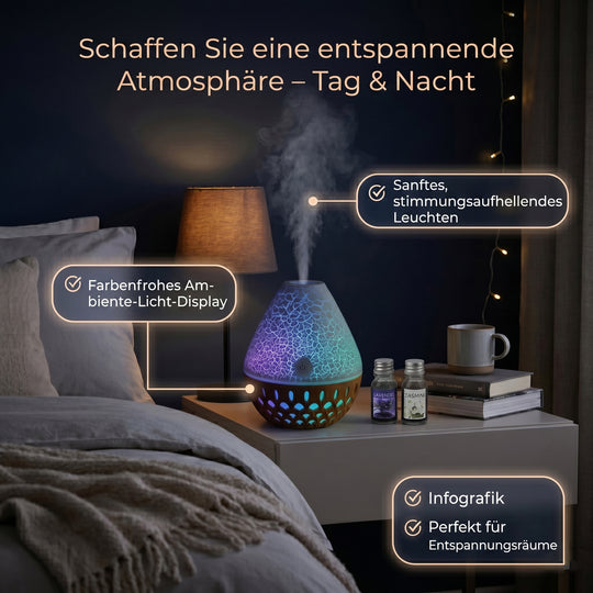 LIVMORE Vulcano Luftbefeuchter und Aromadiffusor mit 7 ätherischen Ölen, LED Farbwechsel, 200ml, Kaffee