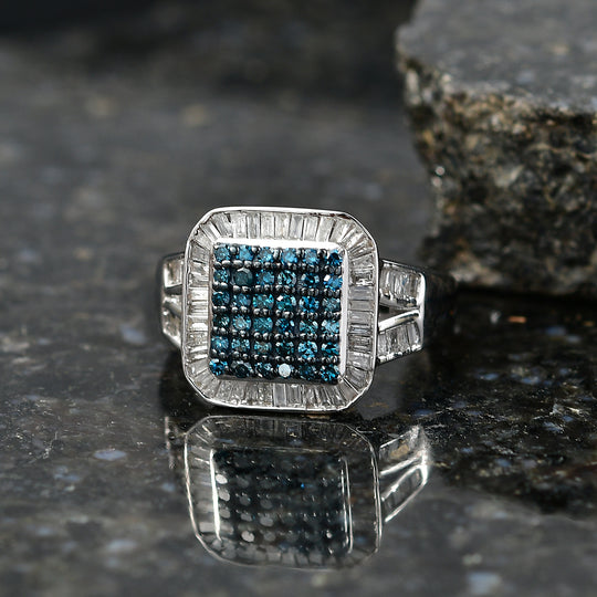 D'Joy Blauer Diamant, Weißer Diamant Ring 925 Silber rhodiniert (Größe 19.00) ca. 1.00 ct