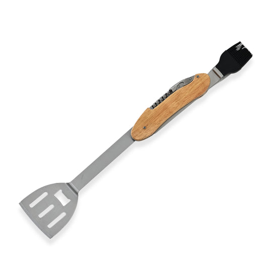 Stainless+wooden shovel,with brush, fork and bottle opener