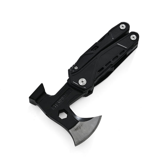Stainless knife with saw,screwdriver, fork bottle opener and flintstone