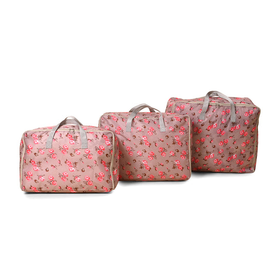 LIVMORE 3er Set Aufbewahrungstaschen mit Blumenmuster, 210D Oxford Gewebe, Rosa