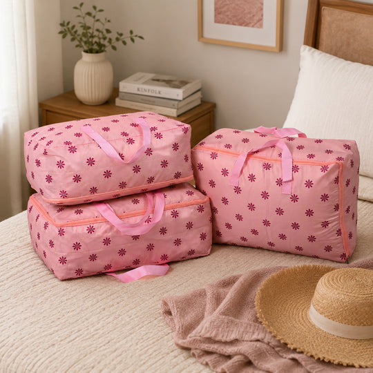 LIVMORE 3er Set Aufbewahrungstaschen mit Blumenmuster, 210D Oxford Gewebe, Rosa
