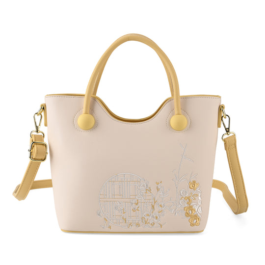 Kunstleder-Handtasche mit Tragegriffen und Umhängeriemen, florales Detail, Reißverschlussfächer, 30x22x11 cm, Gelb/Creme