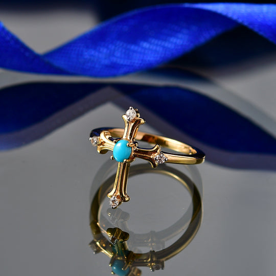 D'Joy AA Sleeping Beauty Türkis, Weißer Zirkon Ring 925 Silber 750 Vergoldet (Größe 18.00) ca. 0,31 ct